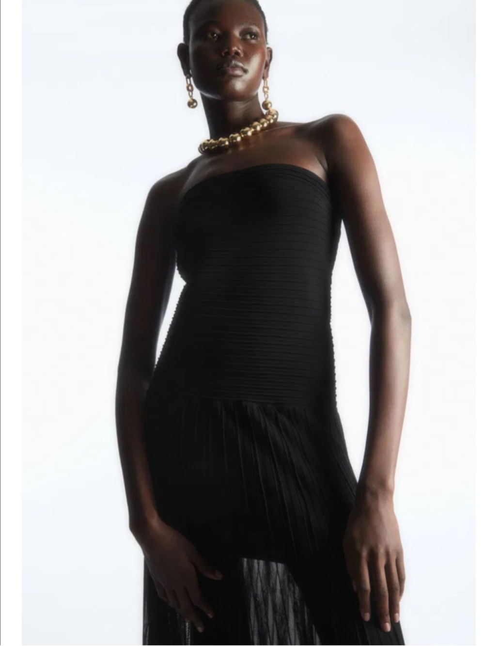 COS Black Ribbed Bandeau Maxi Dress Sheer Pleated Skirt Size XS Like New! - Picture 3 of 12
